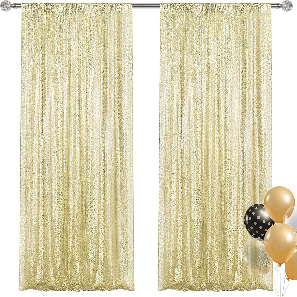 Champagne Sequin Backdrop Curtain 2 Pieces 2FTx8FT Glitter Photography Backdrop for Party Wedding