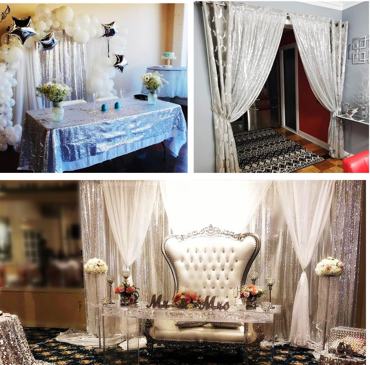 Poise3EHome Silver Sequin Backdrop Curtains,2ft x 8ft Sequin Photography Backdrop Curtain 2 Panels