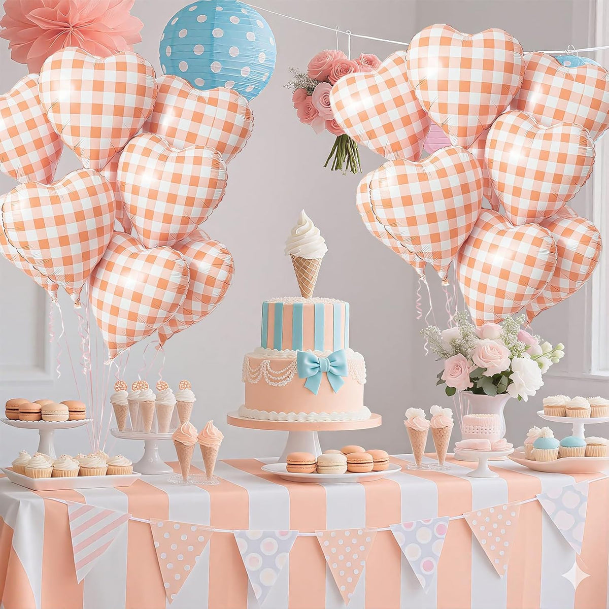 Red White Checkered Heart Balloons,12Pcs 18Inch Red Grid Heart Shaped Foil Helium Polyester Film