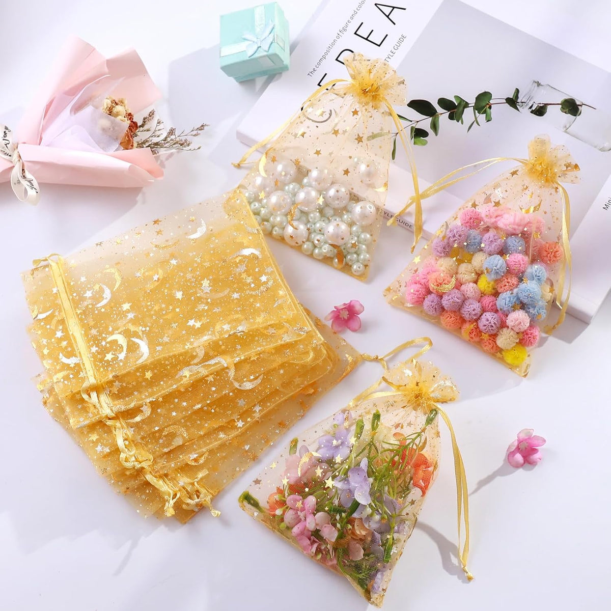 Hopttreely 100 Pieces Moon Star Organza Jewelry Candy Bags, 4x6 Inch Gold Organza Pouch Small Gift