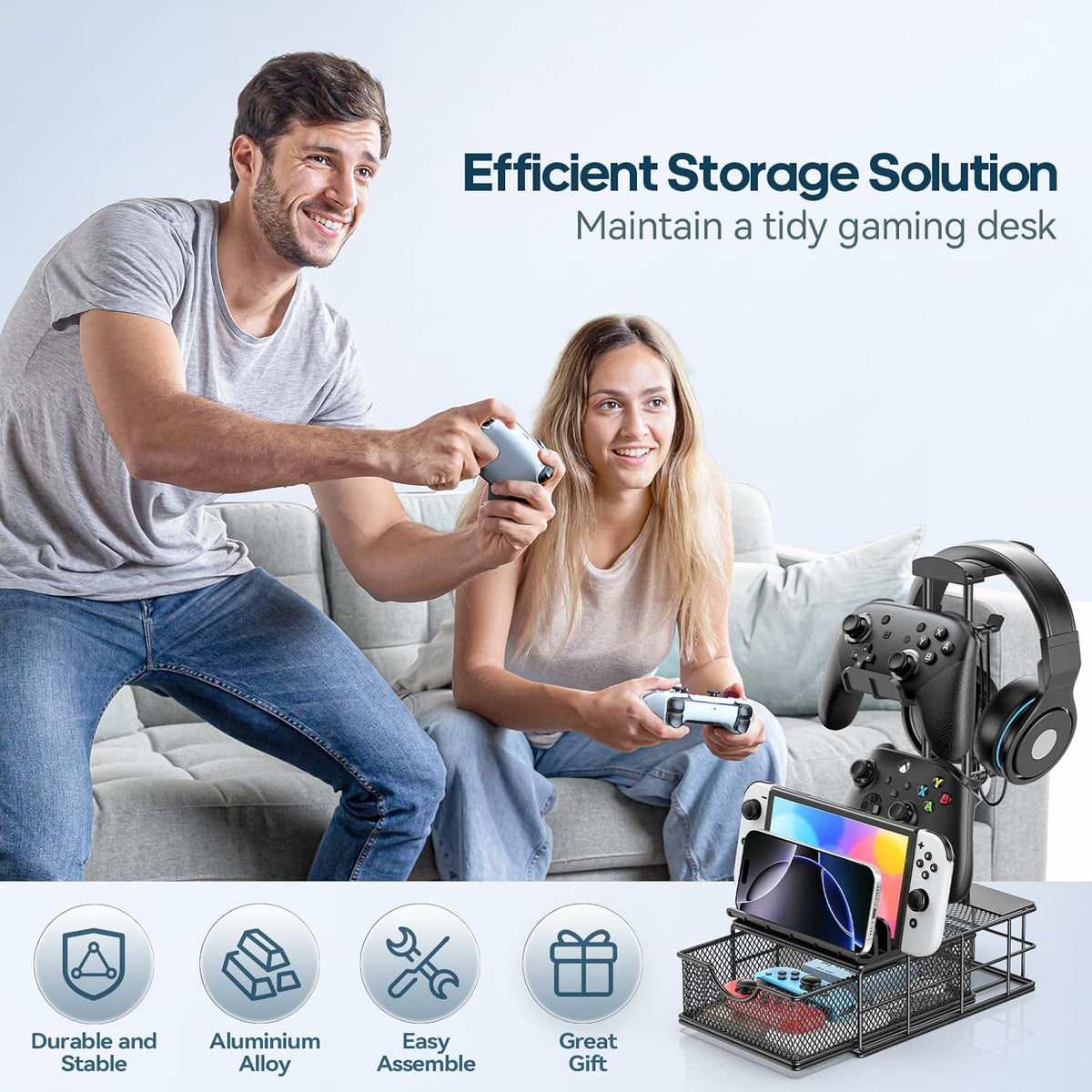 KDD Headphone Stand with Drawer - Headset & Controller Holder for Desk - Aluminum Supporting Bar