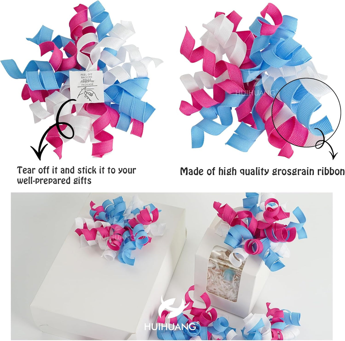 HUIHUANG Baby Shower Bows for Gift Wrapping, Blue/Pink/White Curly Ribbon Bows Self Adhesive Burst