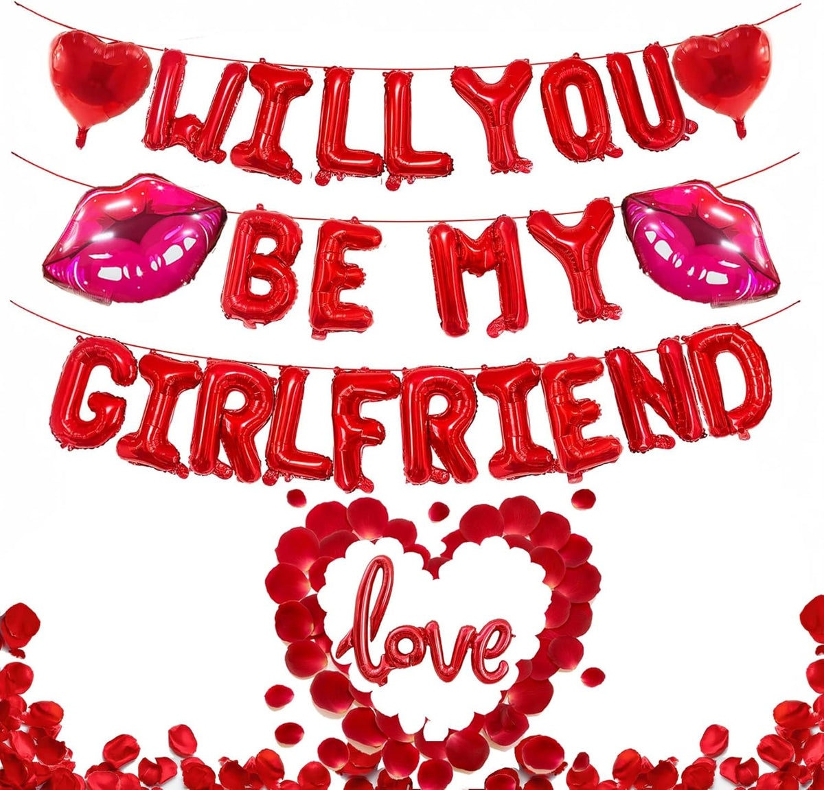 16 Inches Red 'WILL YOU BE MY GIRLFRIEND' Confession Letter Balloons with Heart-Shape, lips, love