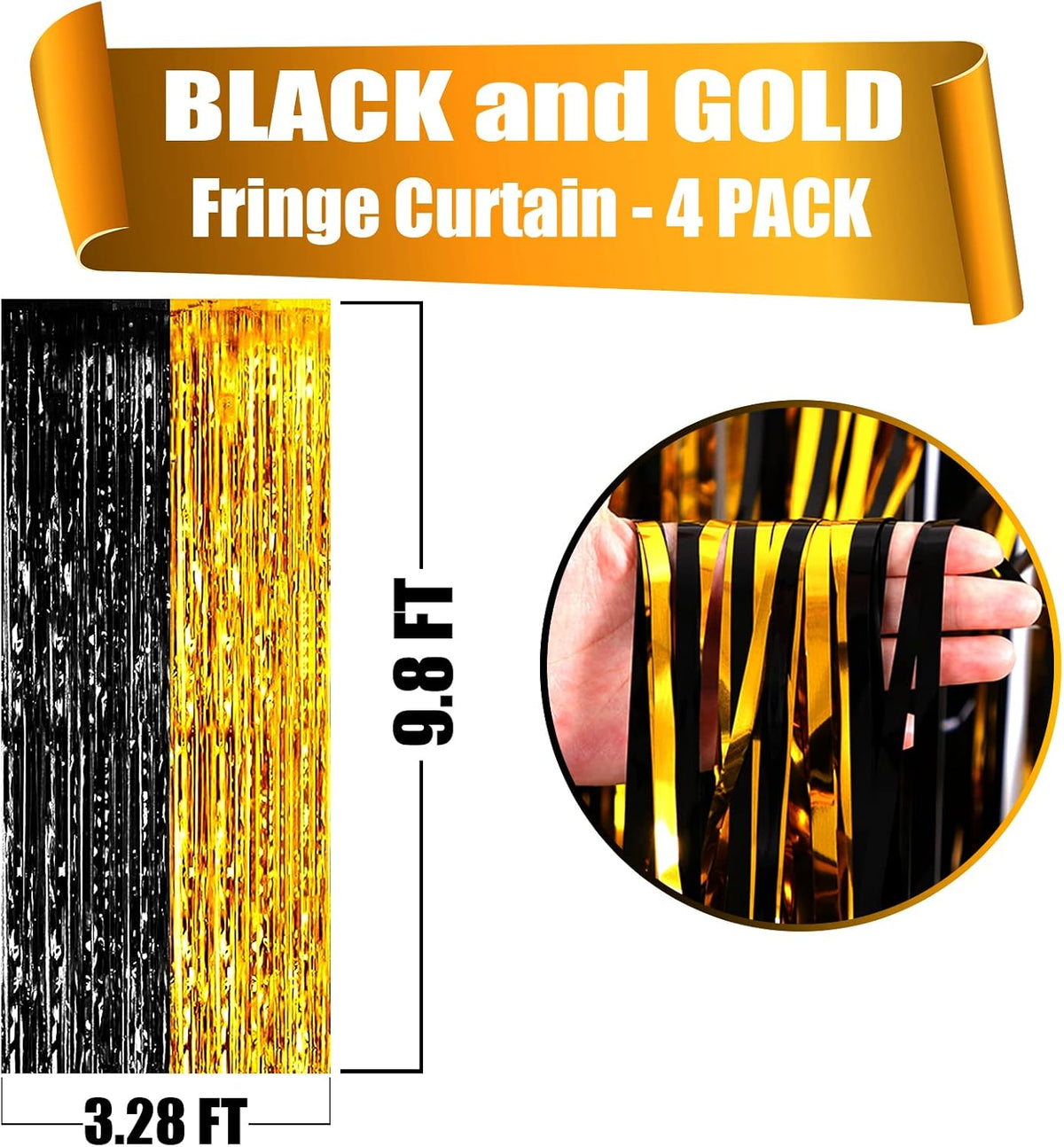 4 Pack Black Gold Foil Fringe Curtain Backdrop, 3.28Ft x 9.8Ft Metallic Tinsel Foil Fringe