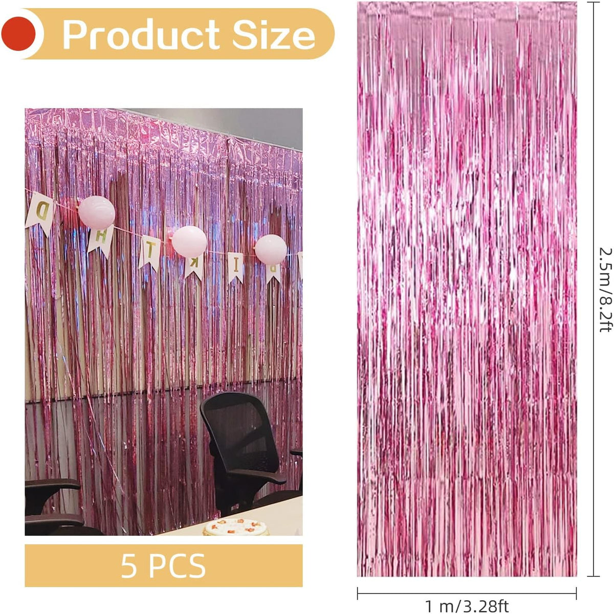 5 Pack Pink Fringe Foil Curtain 3.2ft x 8.2ft Tinsel Backdrop Streamers for Birthday Party