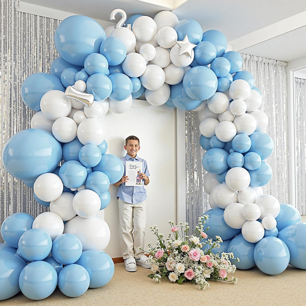 412Pcs Blue and White Balloon Arch Kit, 18 12 10 5 Inch Different Size Light Blue White Balloon
