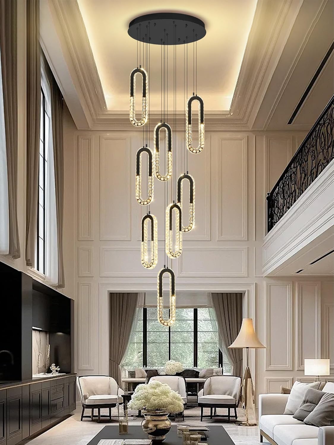 8 Rings Crystal Chandelier,H 118" Modern Black Pendant Light Luxury Foyer Lighting Fixture High