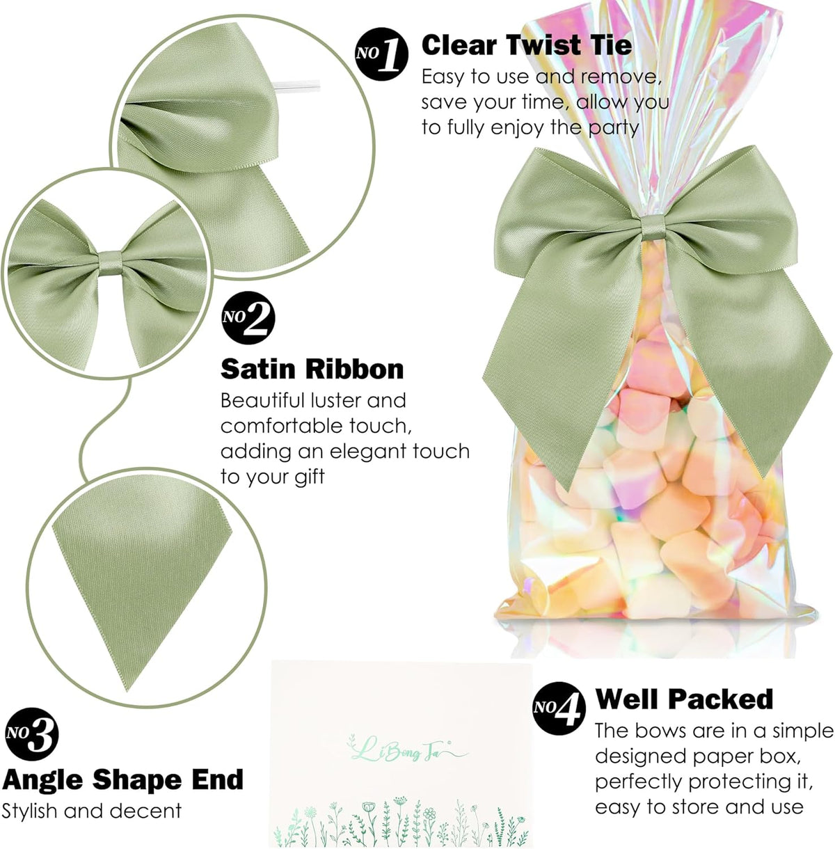5'' Sage Green Bow Party Decorations Satin Bows, Twist Tie Bows for Treat Bags, Cake Pops, Pre-tied
