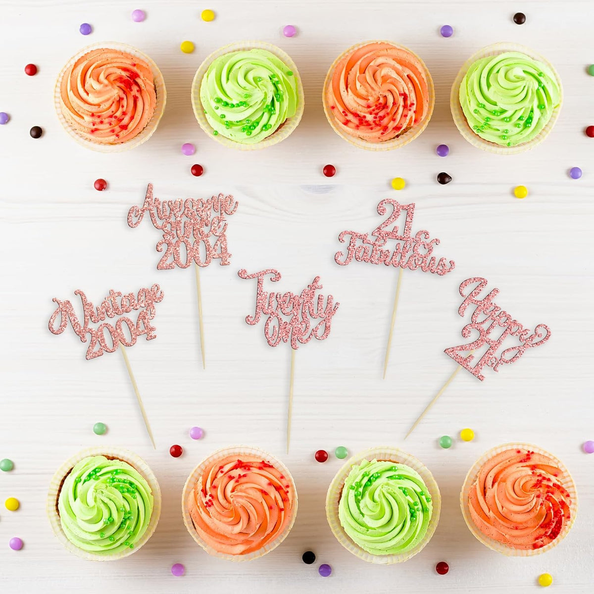 30Pcs Vintage 2004 Cupcake Toppers Glitter Twenty-one 21 Fabulous Happy 21st Birthday Cupcake Picks