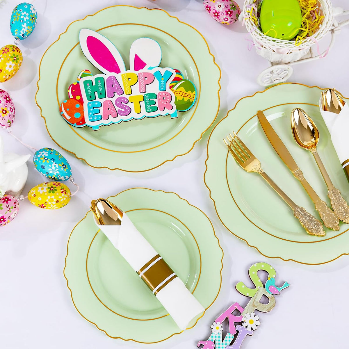 Liacere 350PCS Light Green Plates - Disposable Green and Gold Plastic Plates 50guest Baroque