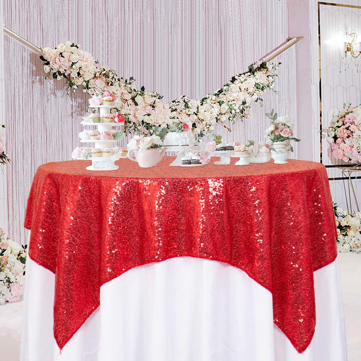 ShinyBeauty Red Tablecloths 36x36 Inch, 2 Packs Sequin Table Cloth for Parties Sparkle Table Cloths