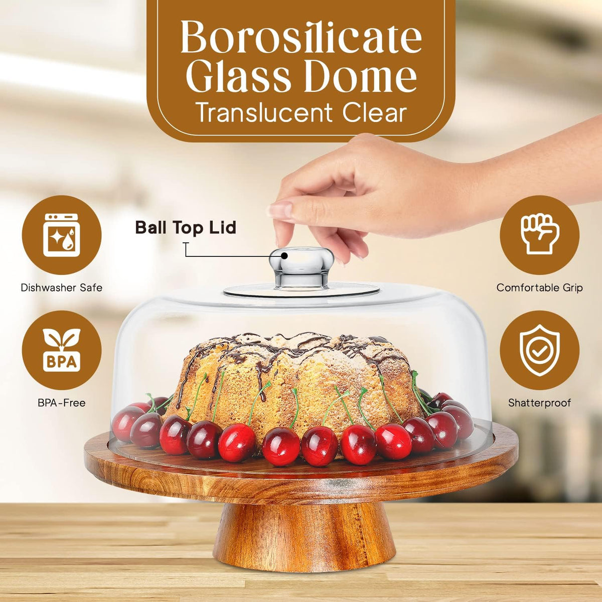 Homeries Acacia Wood Cake Stand with Lid, Cake Plate, (6 in 1) Multi-Functional Serving Platter