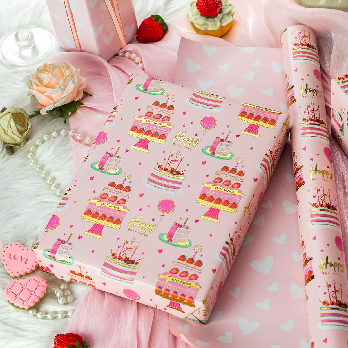 Yarcony Girls Birthday Wrapping Paper Roll, Pink Gift Wrapping Paper,Metallic Foil Pink