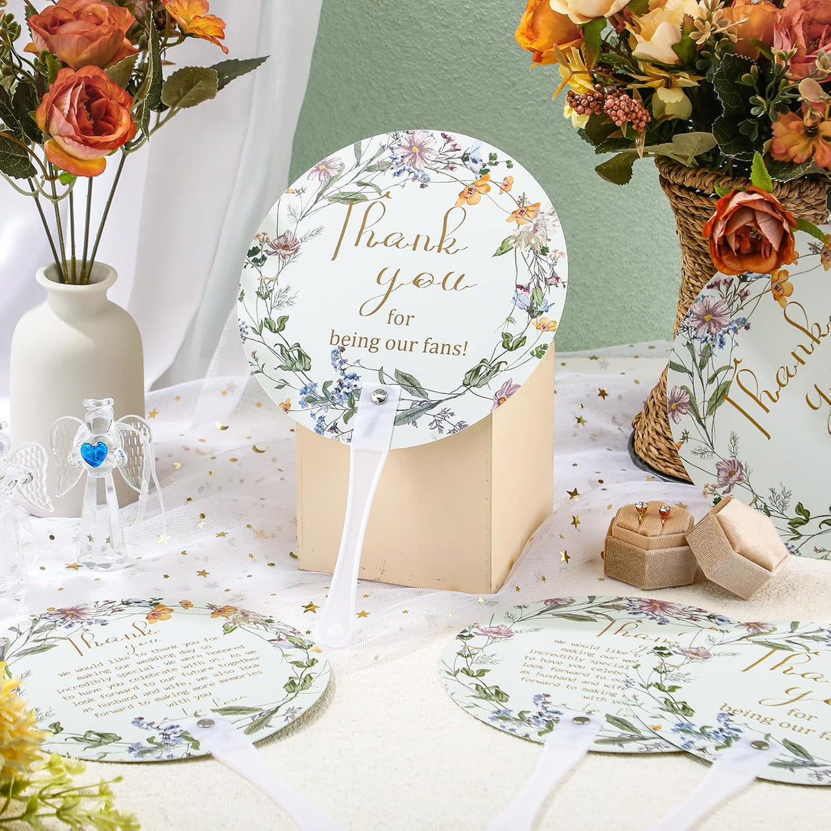 Roowest 100 Pcs Wedding Fans for Guests Bulk Plastic Floral Handheld Wedding Fans with Handle Thank
