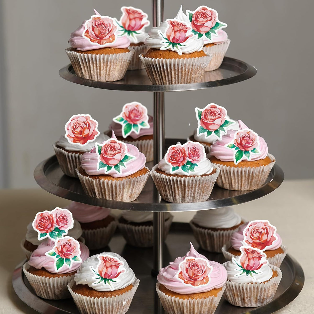 48PCS Edible Rose Flower Cupcake Toppers Wafer Paper Roses Decorations Flower Birthday Party