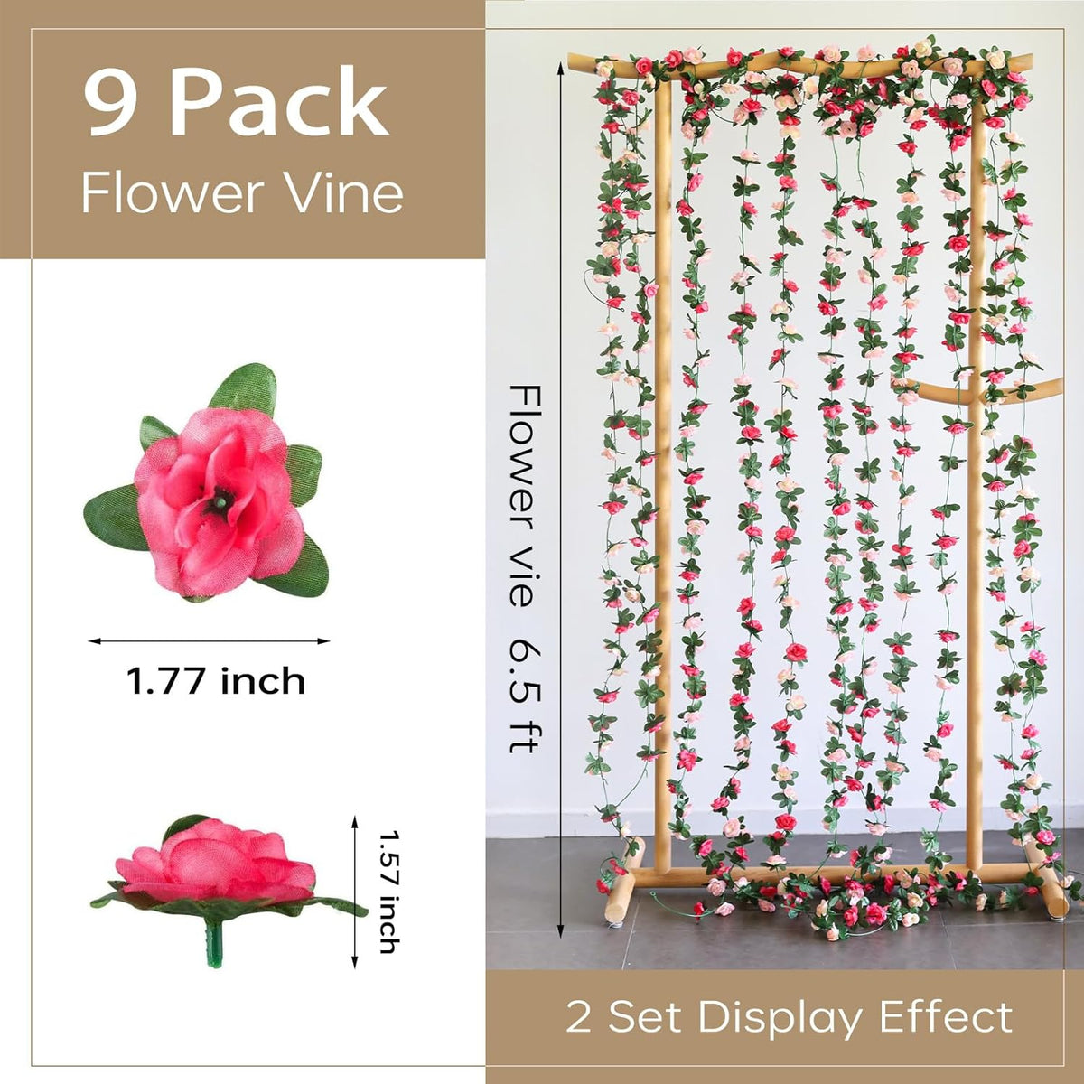 Miracliy 9Pcs 74FT Pink Flower Garland Artificial Rose Arch Vines Fake Spring Floral Garland for