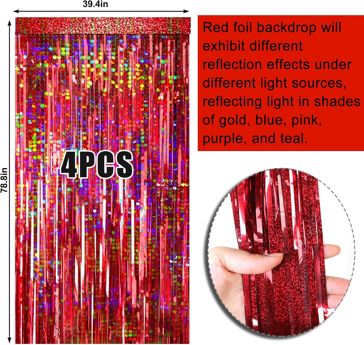 4 Packs Red Foil Fringe Curtain, Red Glitter Metallic Tinsel Backdrop for Birthday, Wedding, Baby