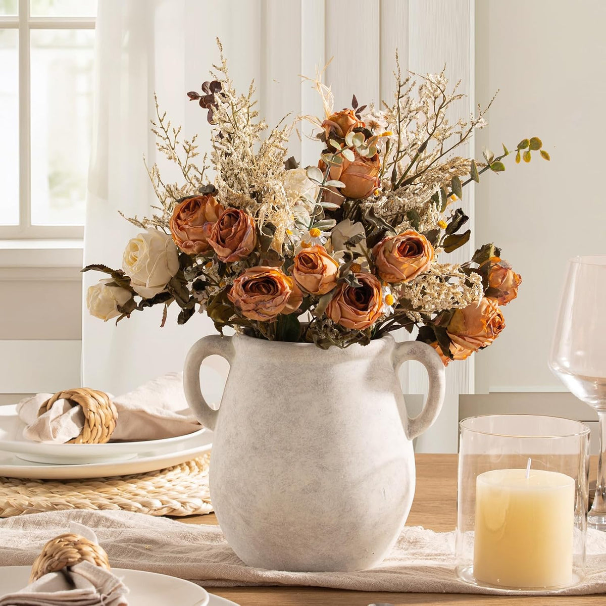 Ceramic Flower Vase Home Decor - 7.1 Inch White Rustic Table Flowers Vases Living Room Bedroom