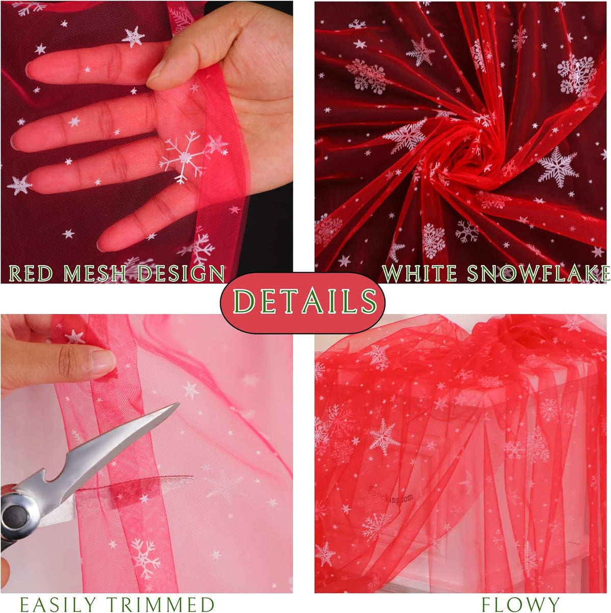 Snowkingdom Red Christmas Table Runner, Red and White Snowflakes Cheesecloth Table Runner, Chiffon