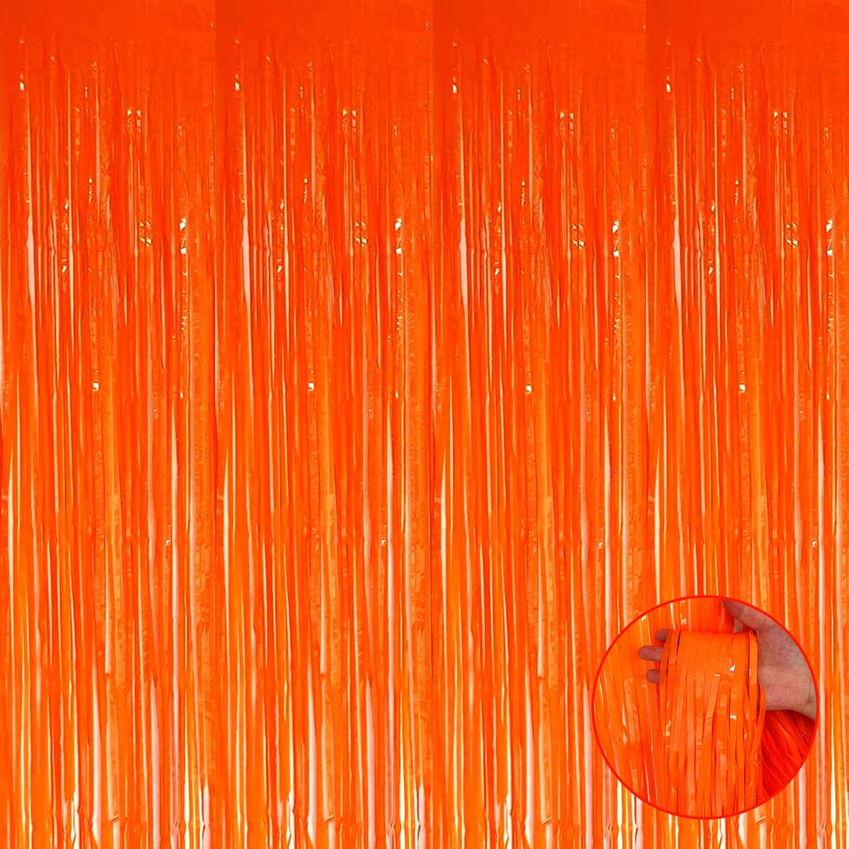 4 Pack Orange Foil Fringe Curtain Backdrop, 3.3Ft x 9.8Ft Metallic Tinsel Streamers Curtains Photo