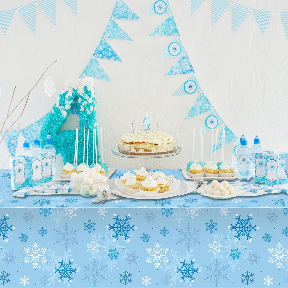 3 Pieces Snowflake Christmas Tablecloth, Plastic Ice Blue and White Winter Wonderland Table Cover