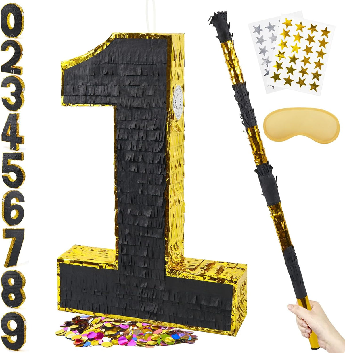 PCFING 20 Inch Number 1 Piñata Gold Black with 30 Inch Piñata Stick Blindfold Confetti for Man