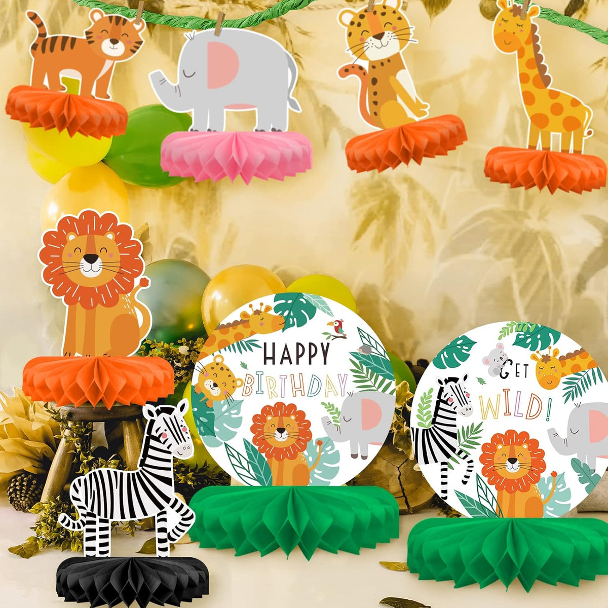 Safari Birthday Decorations Table Centerpiece - Jungle Animals Theme Party Supplies, Honeycomb