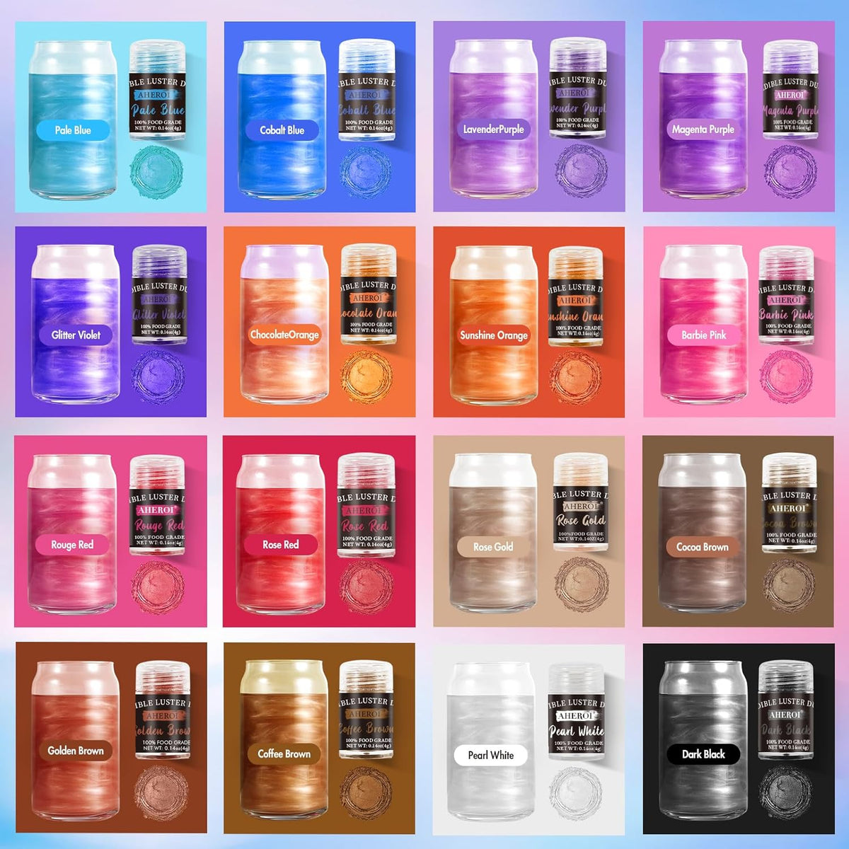 Aheroi Edible Glitter, 24 Colors Luster Dust Edible, Cocktail Glitter Luster Dust Sprinkles Drink