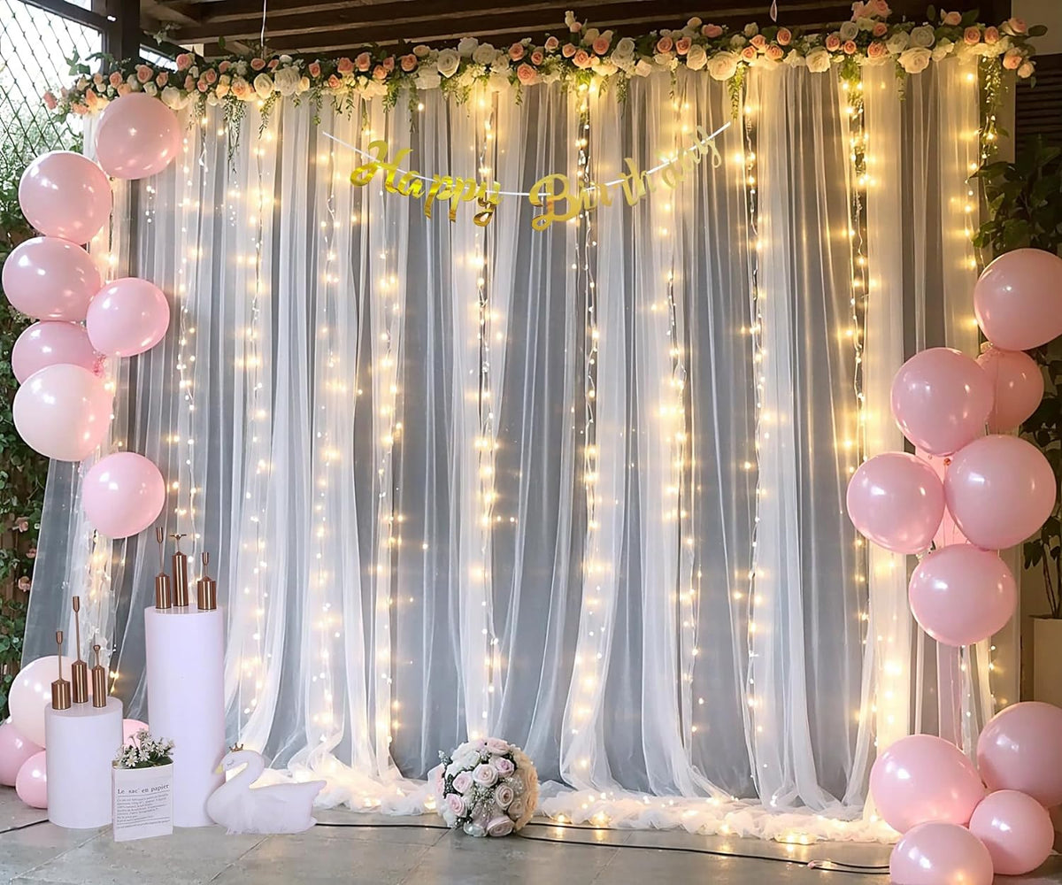 White Backdrop Curtains with Lights String for Wedding Parties 10×10ft Sheer Tulle Backdrop Curtain