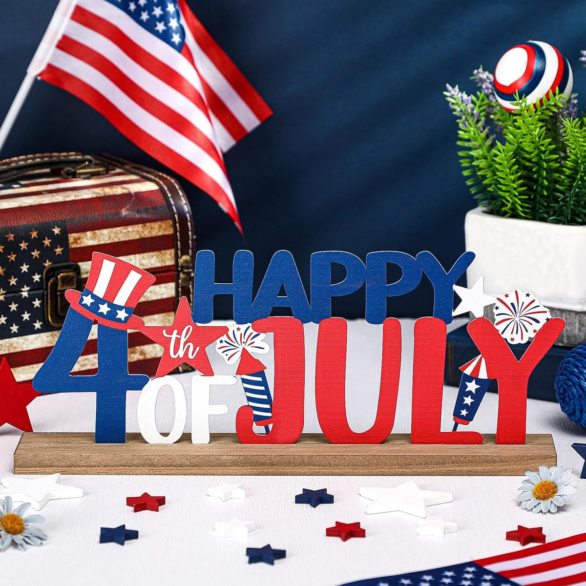 Happy 4th of July/Patriotic Metal Sign Rustic Table Decor Holiday Tiered Tray Decor with Wooden