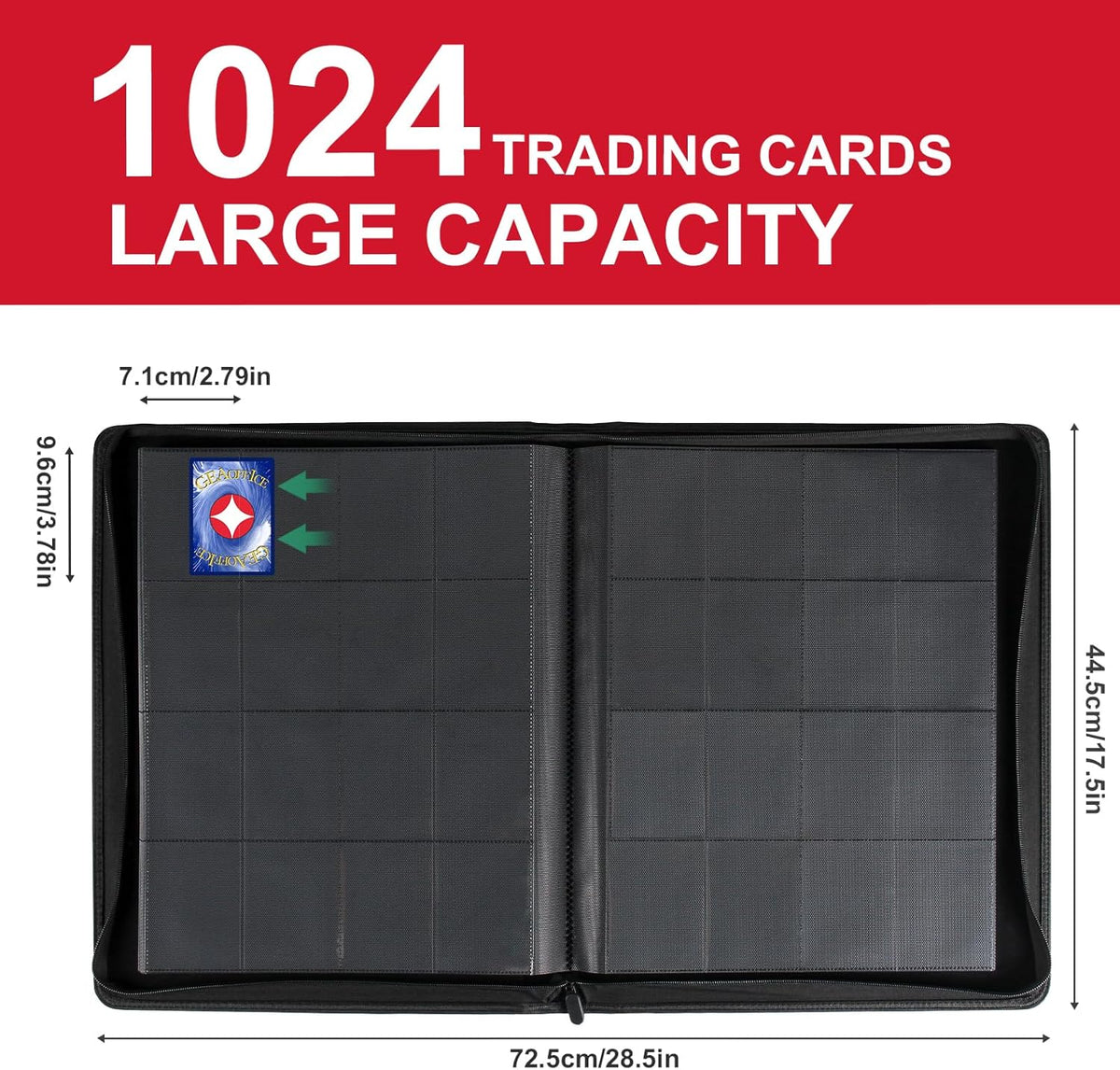 GEAoffice 16 Pockets Trading Card Binder for 1000+ Cards, Sturdy Large Side Loading Zipper