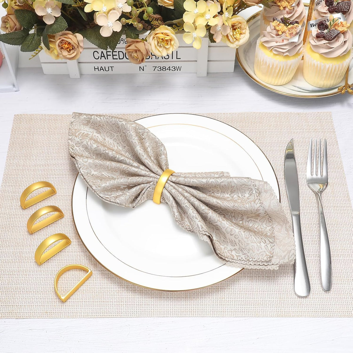 KPOSIYA Napkin Rings Set of 20, Metal Gold Napkin Rings Bulk for Table Settings, D-Shape Napkin
