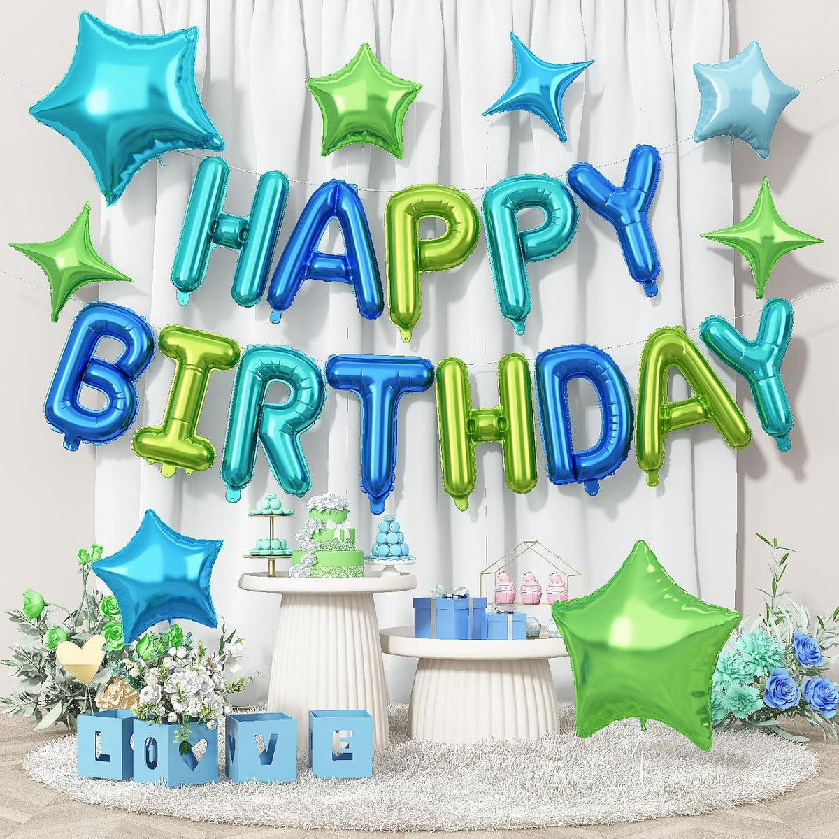 Happy Birthday Balloon Banner Blue Green, 16 Inch Mylar Foil Letter Balloons, Reusable Birthday