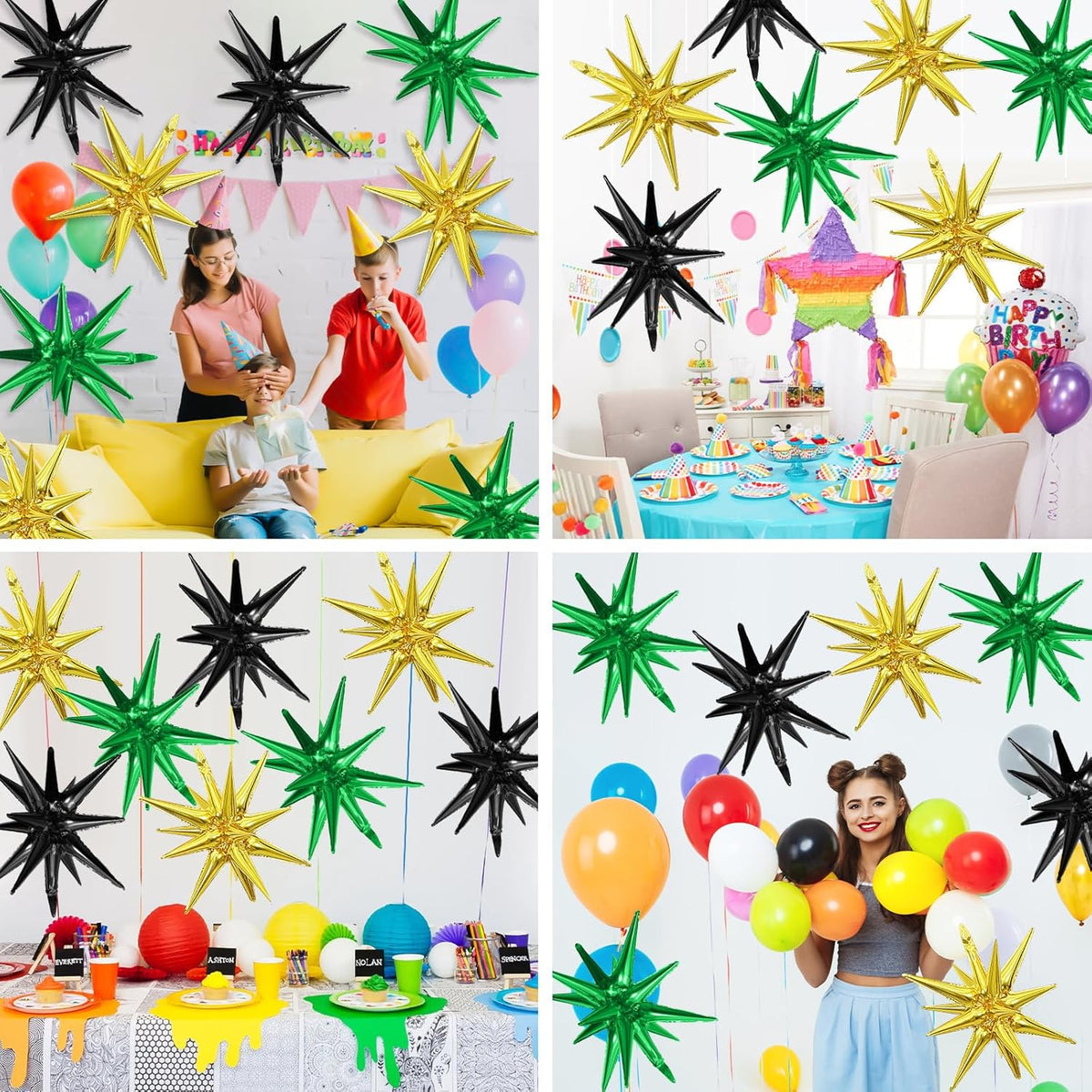 Black Green Gold Star Balloons,9Pcs 22Inch Black Green Gold Explosion Spike Cone Helium Polyester