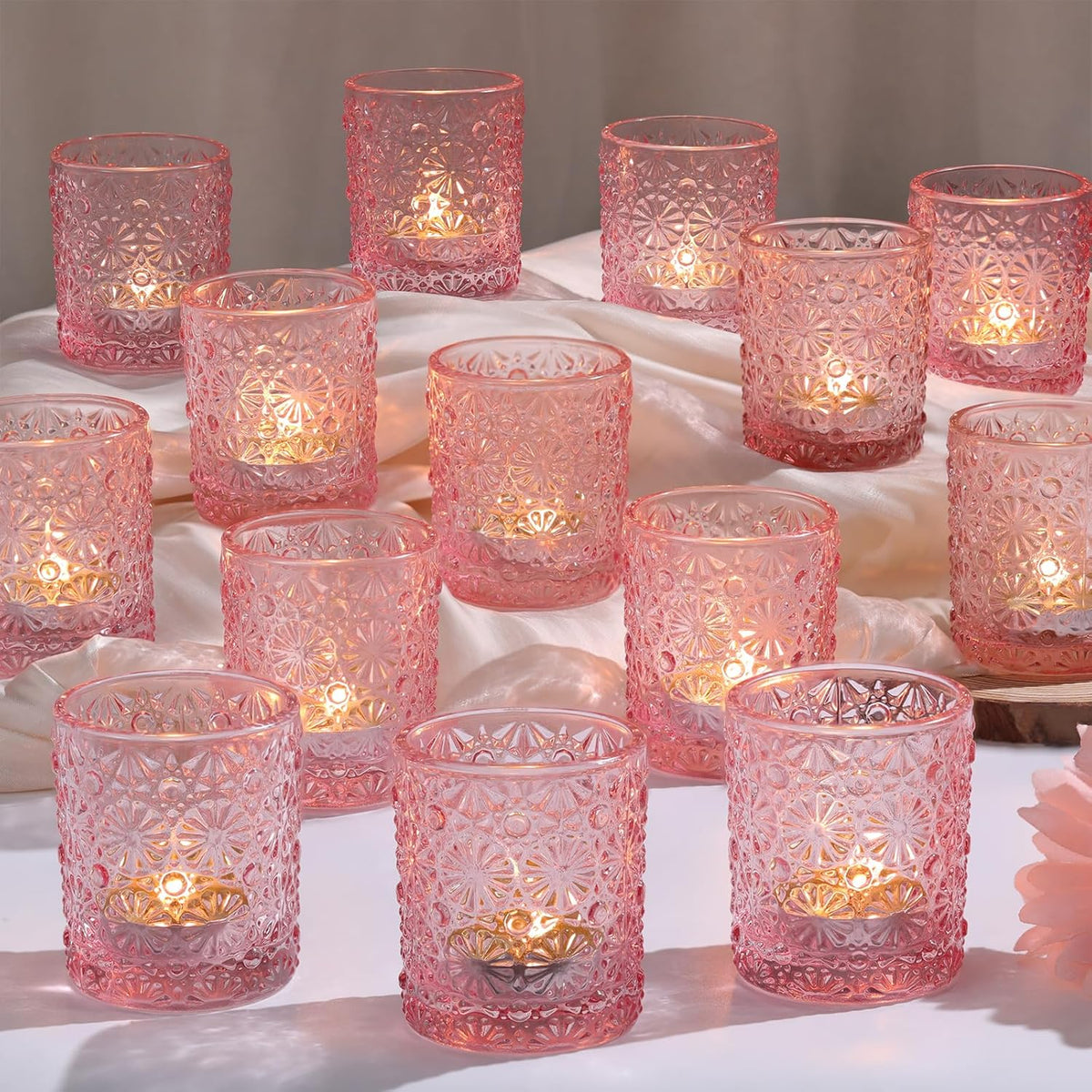 Pink Votive Candle Holder Set of 36, Flower Tea Lights Candles Holders for Wedding Table