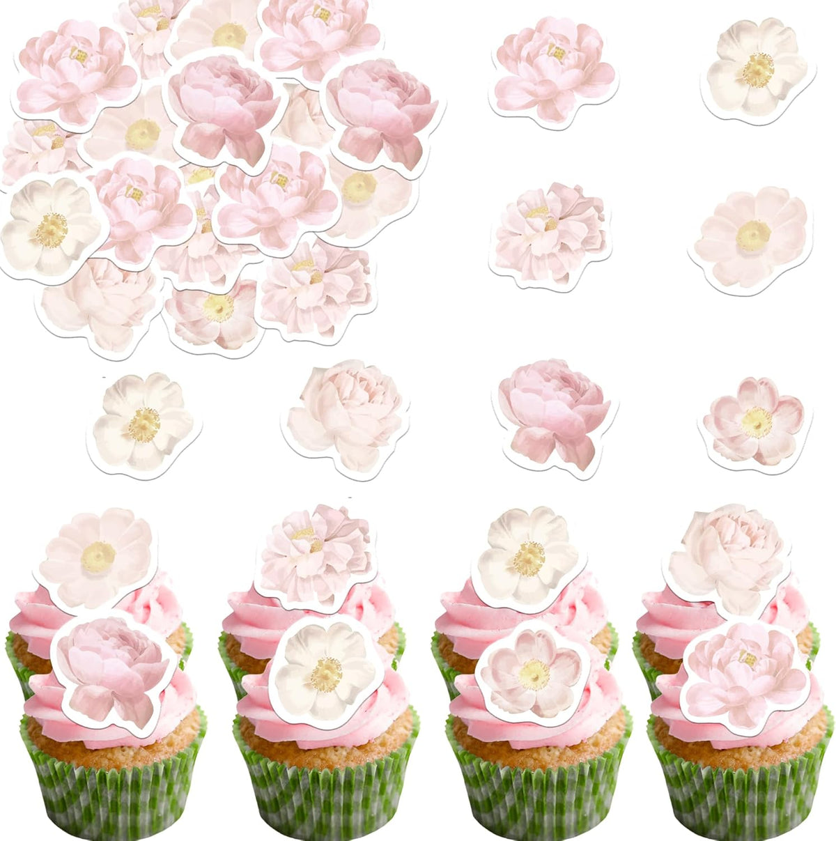 48PCS Edible Rose Flowers Cupcake Toppers Edible Pink Rose Flowers Cupcake Decor Wafer Paper