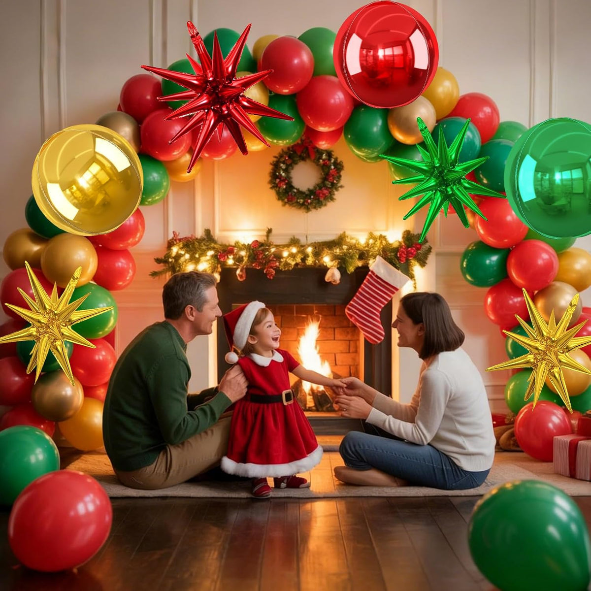 6Pcs Red Green Gold Foil Balloons,22Inch Green Red Gold 4D Round Ball Balloon and Explosion Star