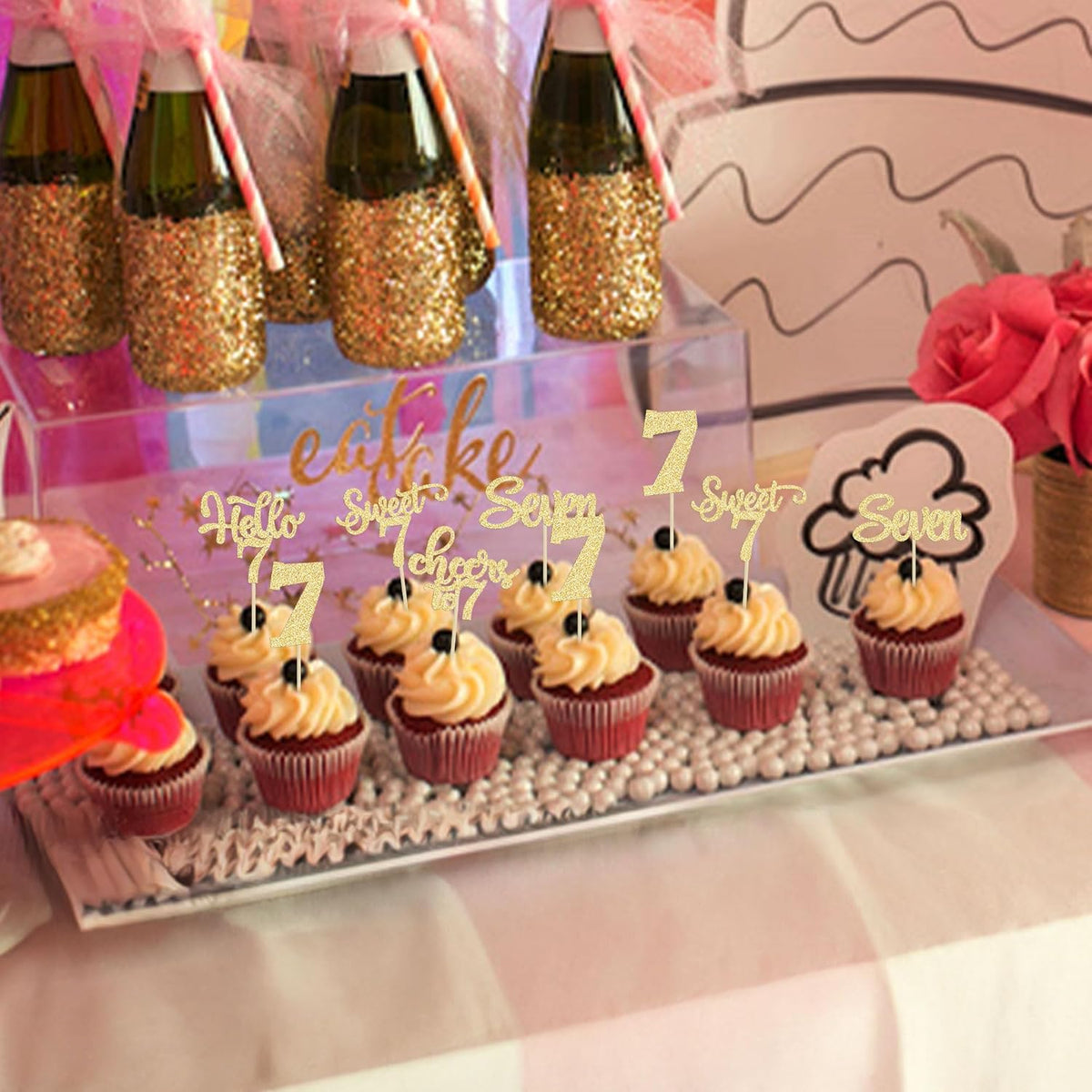 30Pcs 7th Birthday Cupcake Toppers Glitter Seven Happy 7 Cupcake Picks Cheers to 7 Years Old Cake