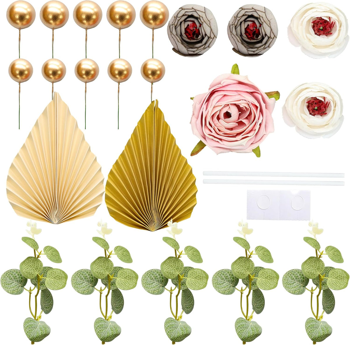 Gyufise 22Pcs Rose Artificial Flower Leaves Cake Topper Decorations Gold Balloon Cake Toppers Leaf