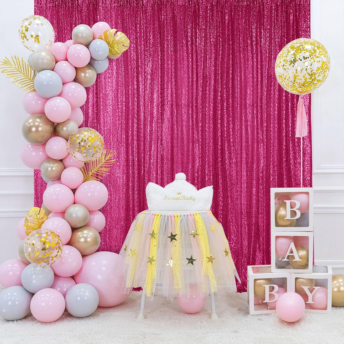 Hahuho Fuchsia Sequin Backdrop Curtain, 2PCS 2FTx8FT Glitter Backdrop Curtain for Parties