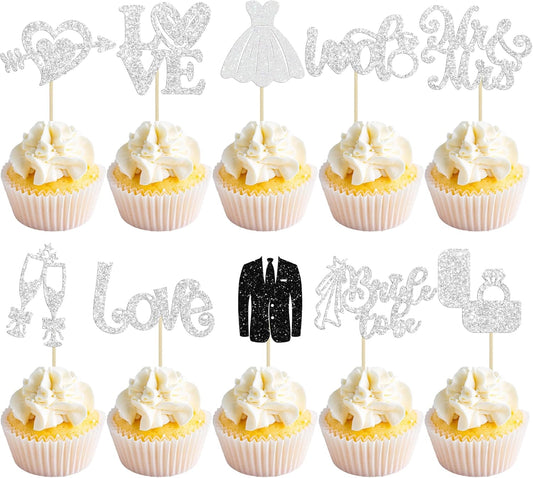 Ephlyn 30Pcs Bride to be Cupcake Toppers Glitter Diamond Ring Love I Do Cupcake Picks for Miss to