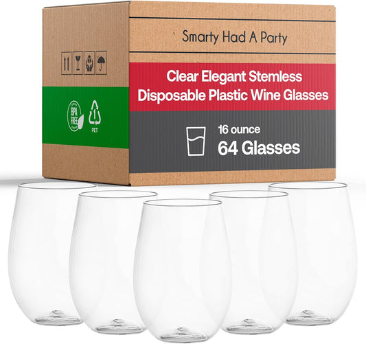 Smarty Had A Party 16 oz Clear Stemless Plastic Wine Glasses, Unbreakable Disposable Drinkware for