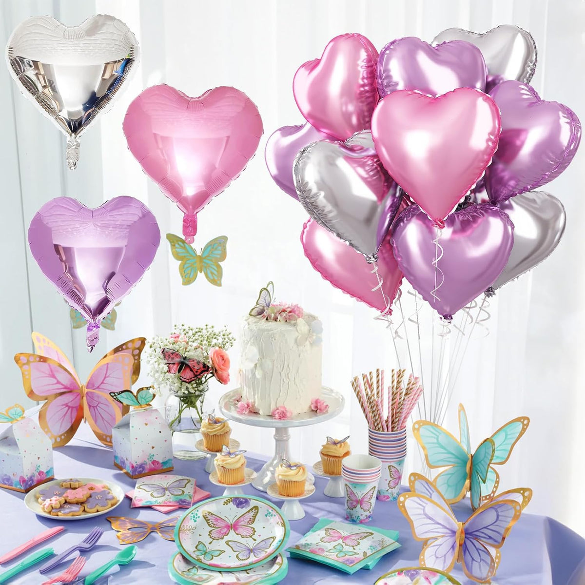Pink Purple Foil Heart Balloons, 18 Inch 12Pcs Lavender Purple Pink and Silver Heart Shape Foil