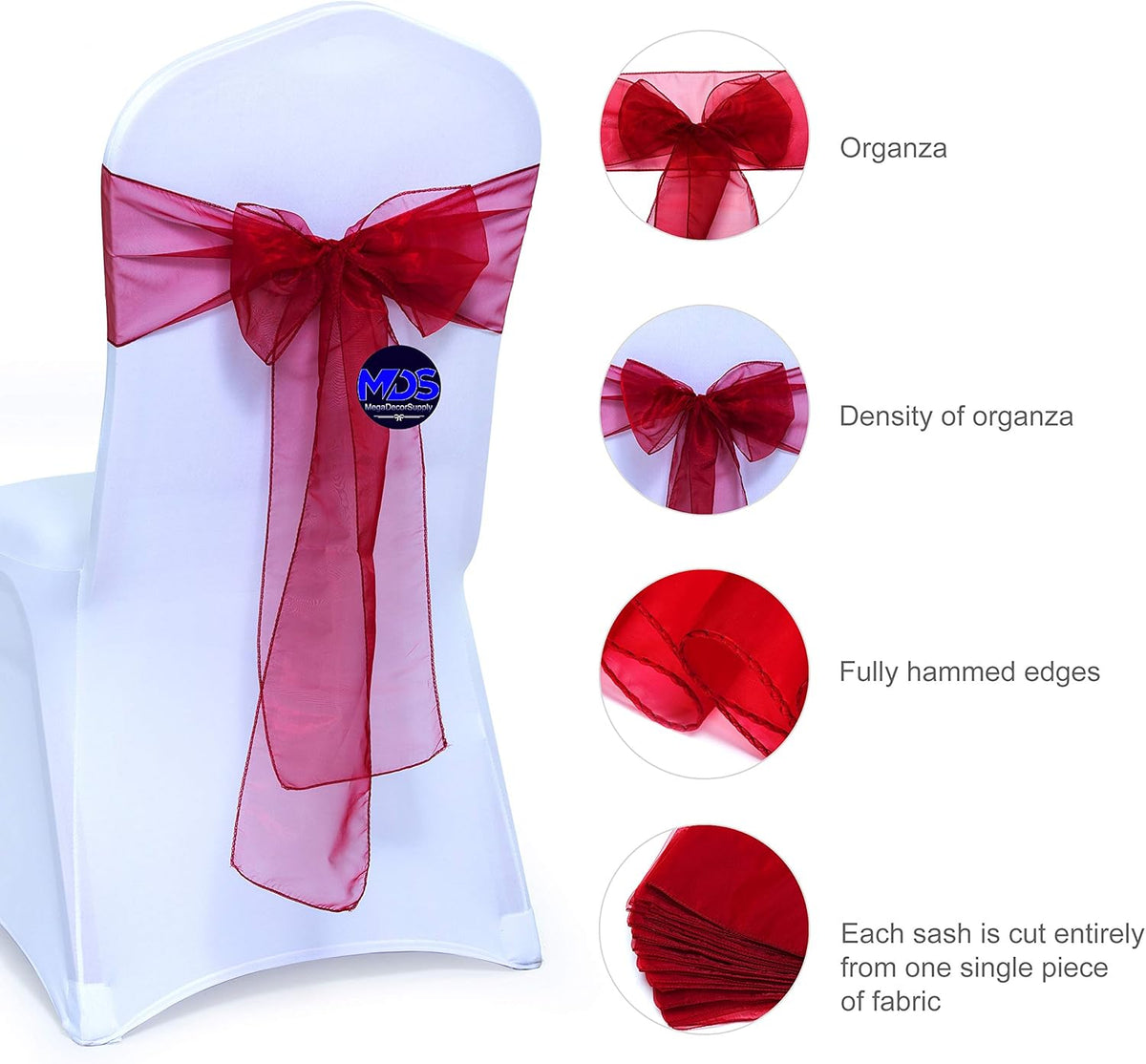 MDS Pack of 200 PCS Organza Chair Sashes Wider Dining Chair Bows Ribbon Tie Back for Wedding Party