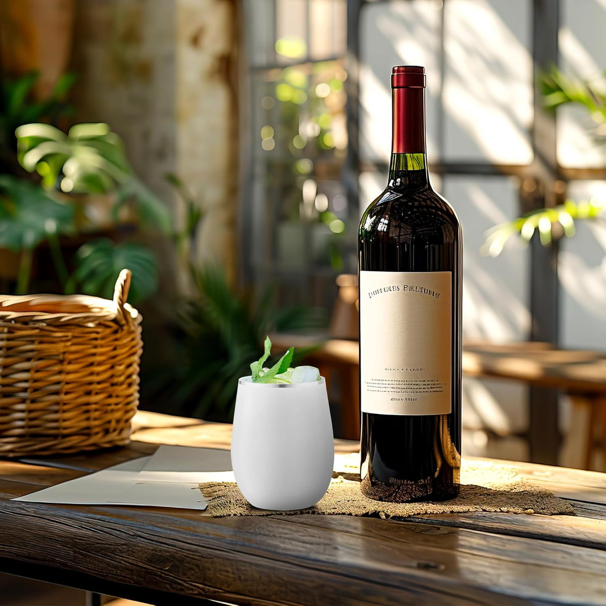 Smarty Had A Party 64 White with Silver Elegant Stemless Plastic Wine Glasses, 12 oz Disposable