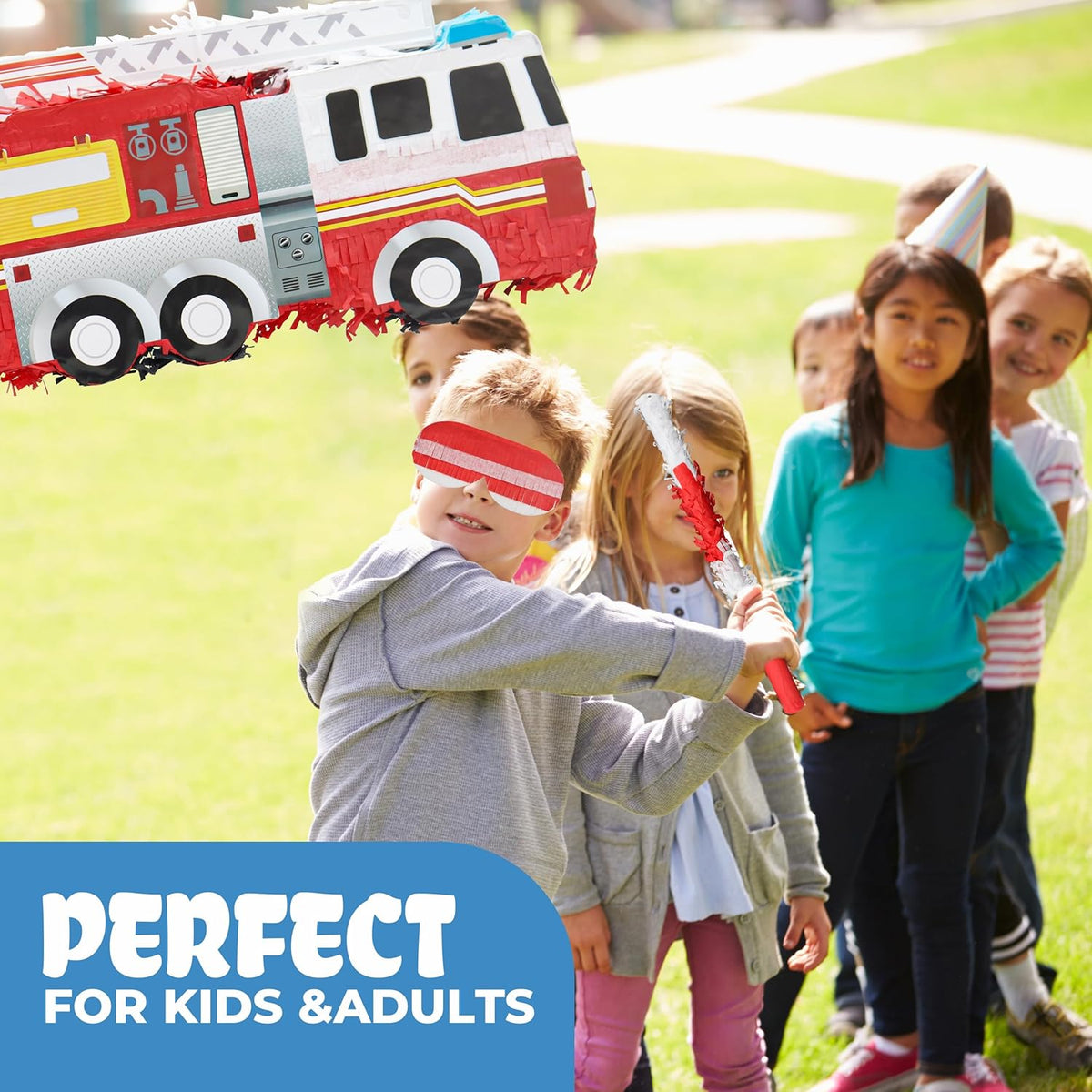 Small Fire Truck Pinatas Bundle with a Blindfold and Bat(16.1x8x5.1 Inches), Perfect for Firetruck