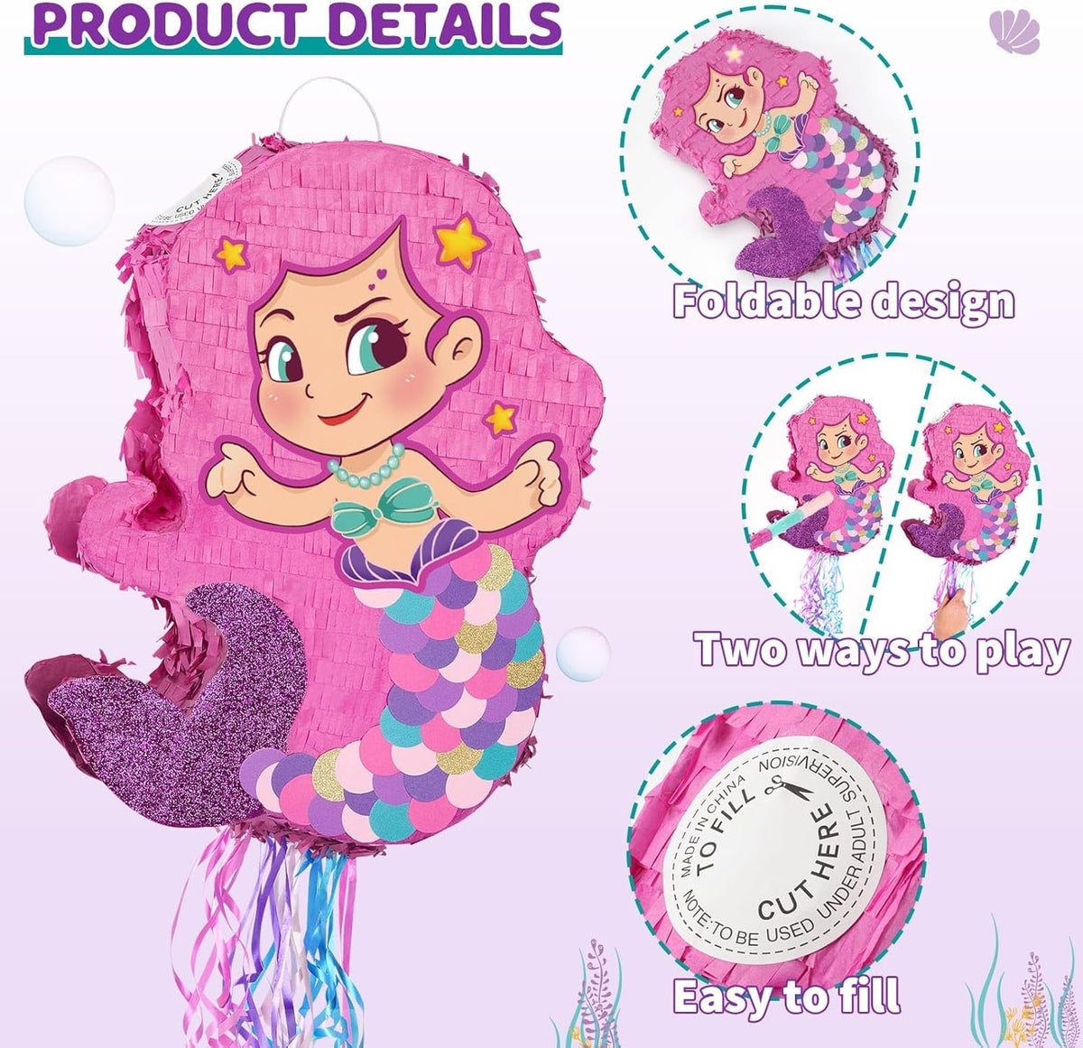 WERNNSAI Foldable Mermaid Pinata - Pull String Mermaid Birthday Party Supplies Extendable Mermaid