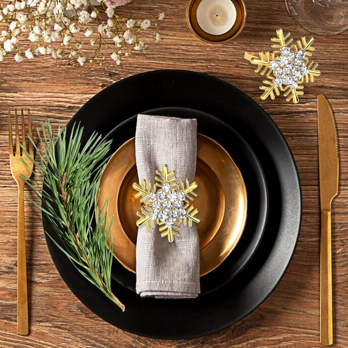 Halatool Christmas Napkin Rings Set of 12, Gold Snowflake with White Rhinestone Napkin Holder for