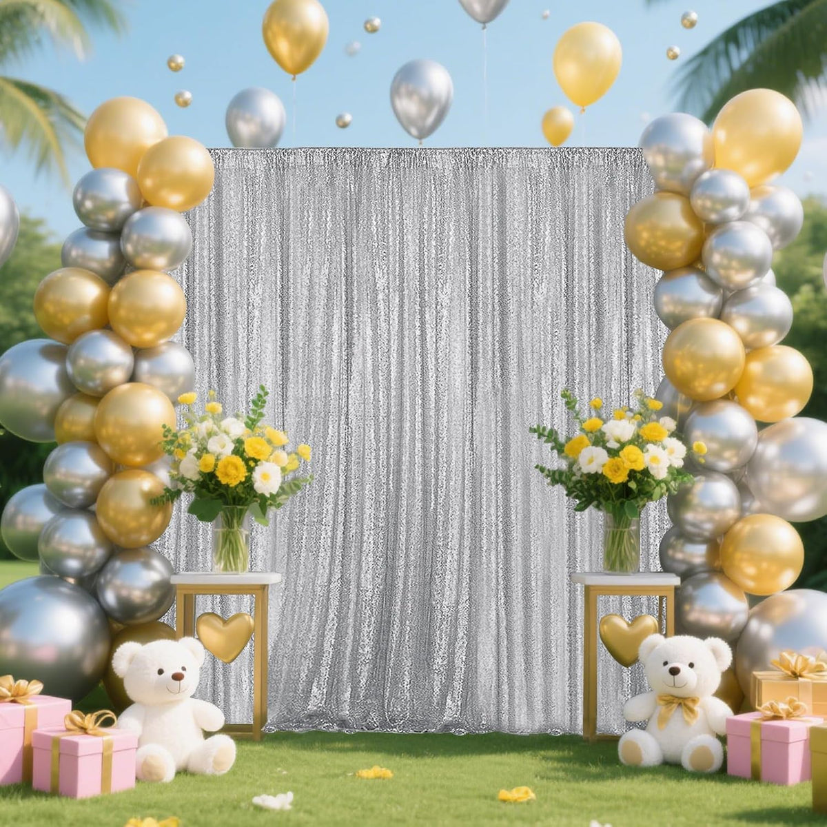 Silver Sequin Backdrop Curtain 4 Pieces 2FTx8FT Glitter Photography Backdrop for Party Wedding