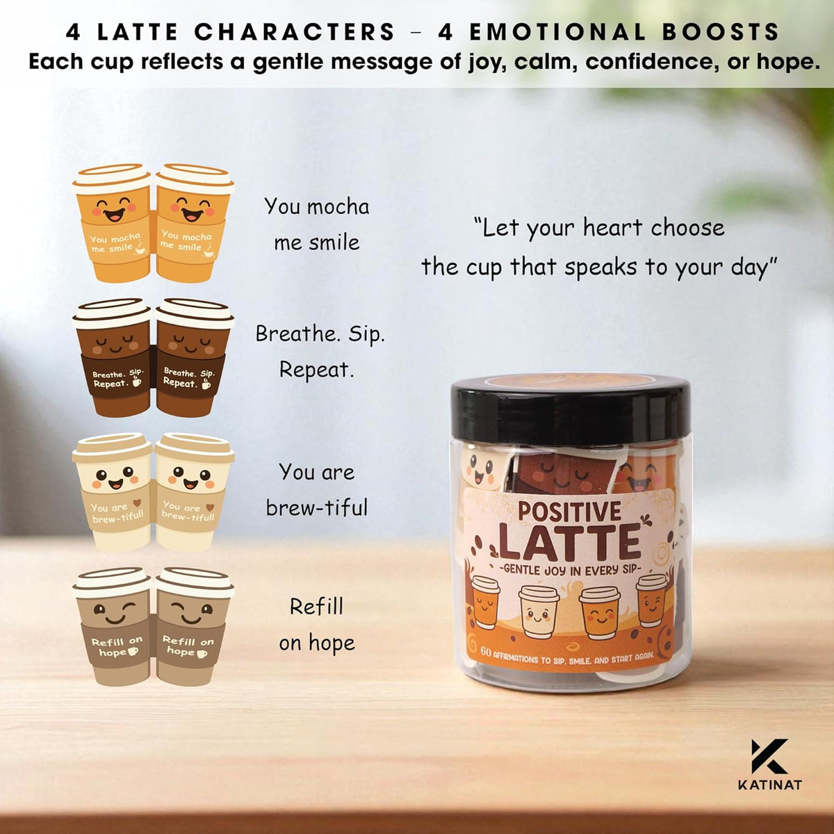 Positive Latte Affirmation Jar – 60pcs Cute Emotional Support Lattes – Coffee Gifts for Women, Men